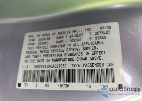 2008 Honda Accord 2.4 Ex-L z USA, uszkodzony, nr VIN 1HGCS118X8A027960